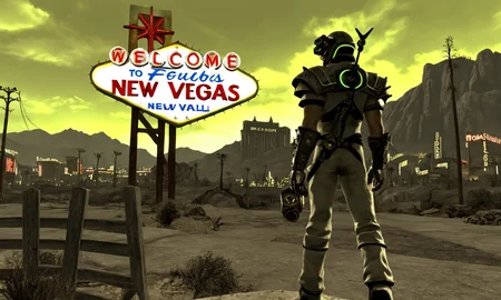 text" welcome to new vegas", neon sign, a person standing outside of city gates, defensive wall, ruined city, new vegas,<lora:falloutlandsdxl:0.8>, falloutlandsdxl, landscape, best quality, masterpiece, dilapidated building, tower, highly detailed,