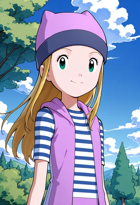 masterpiece, best quality, solo, beautiful eyes, zzIzumi, green eyes, blonde hair, long hair, looking at viewer, shirt, hat, upper body, short sleeves, outdoors, open clothes, sky, day, striped, cloud, vest, tree, blue sky, striped shirt, beanie, smile, ,<lora:OrimotoIzumiDigimon_IXL:1.0>,