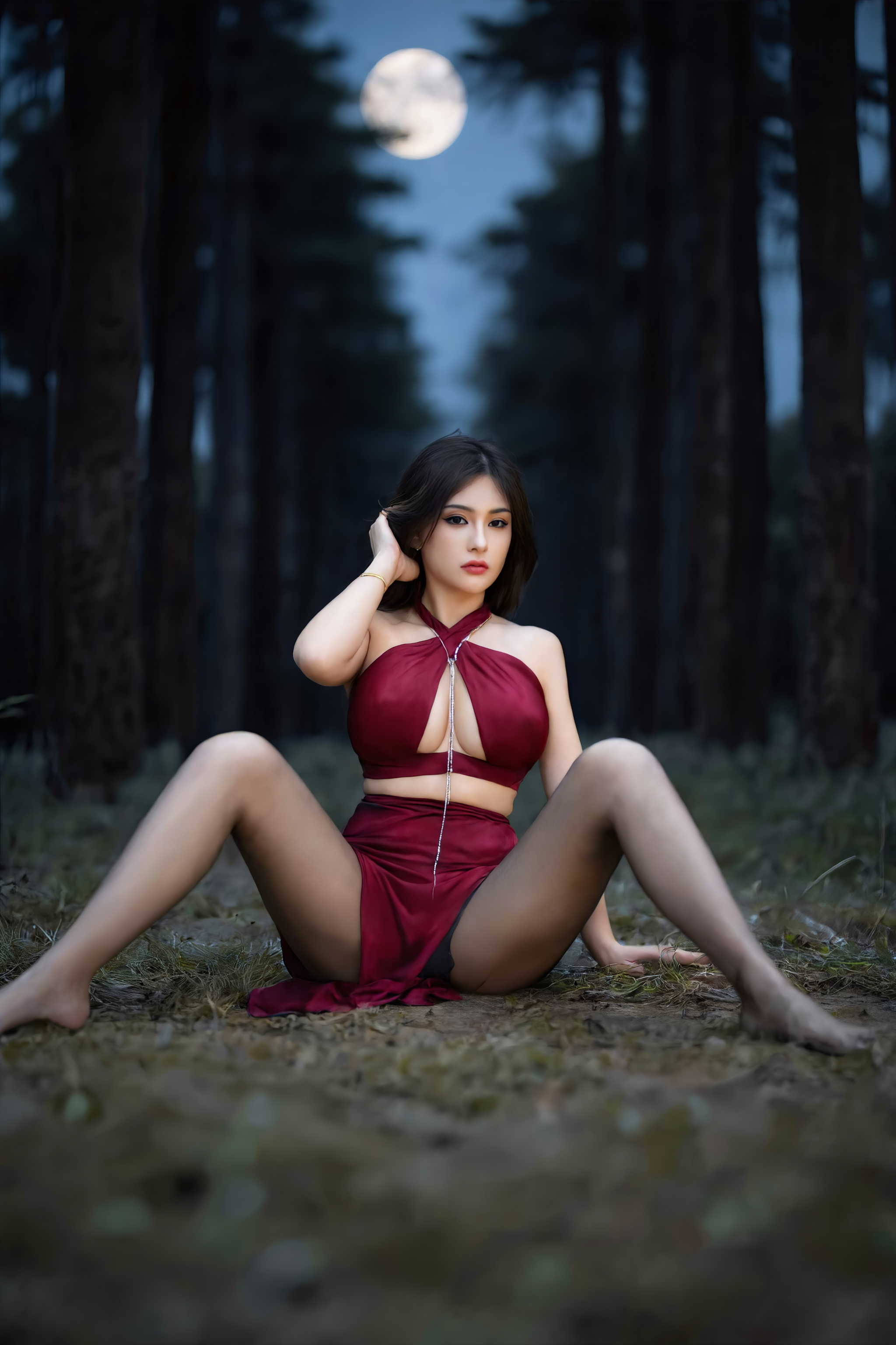 A captivating, high-resolution photograph of a confident, alluring woman striking a seductive pose while sitting on the ground. Her legs is wide apart. She wears SGWN02Clothing, a red satin dress. rendered in exquisite detail under natural, cinematic lighting. The setting is a mysterious night valley, where a dark forest of towering trees forms a dramatic, moonlit backdrop.