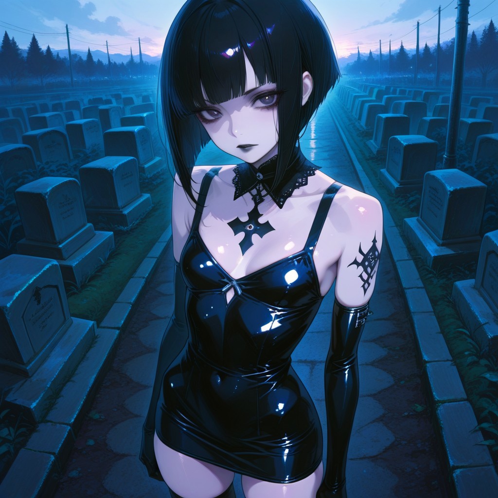 absurdres, masterpiece, best quality, very aesthetic, HDR, 8K, ultra-detailed, anime, 748cmstyle, cemetery, outdoor, front view, above chest view,
1girl, SadisTrix, solo, inverted bob hair, black hair, pale skin, skinny, arm tattoo, goth make-up, black lips, small breasts, gothic, shiny clothes, elbow gloves, short dress, tight dress, skindentation, shiny skin, dominant female, (skinny),),
