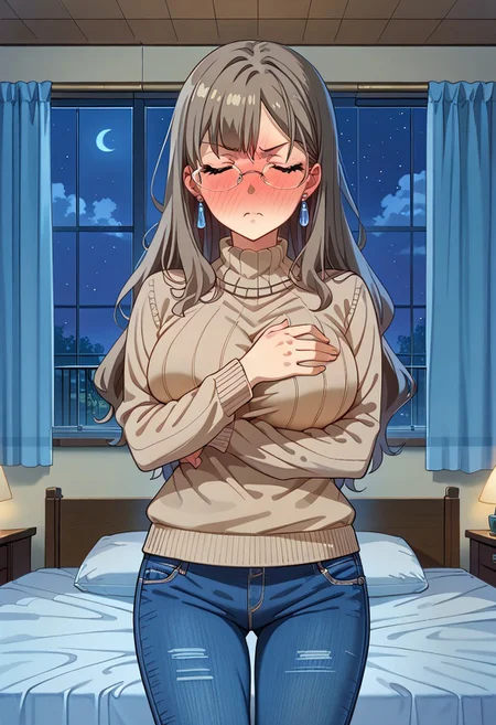 score_9, score_8_up, score_7_up, source_anime, masterpiece, best quality, high quality, highres, cinematic lighting, (solo, front view, closed up face, cowboy shot, bedroom, bed, window, different angles), (Futaba_Rio, closed_eyes, grey_hair, long_hair, large_breasts, rimless_eyewear, simple sweater, brown sweater, blue pants, denim pants, rectangle earrings:1.5, covering chest with arms, detail hands, looking at viewer, angry, disgusted, standing, perfect anatomy, anatomically correct hands, 5 finger hands), (night, Expressiveh, full-face blush, vnbg, modern_bg)