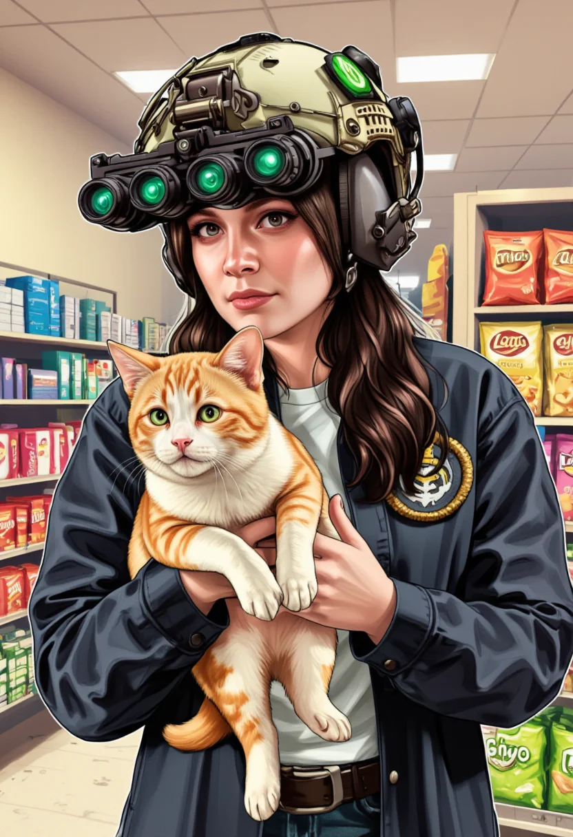 aidmaGTA5 artstyle of a woman standing in an aisle of a grocery store, holding an orange and white kitten in her arms. The woman is wearing a black jacket with a visible emblem on the left side, which appears to be some sort of badge or patch. The modern military helmet on her head is equipped with night vision goggles 4 black tubes with 4 green lenses at the end GPNVGs. Her hair extends out from under the helmet, appearing long and dark. The grocery store aisle is stocked with various packaged products, predominantly bags that could be chips or similar snack items.