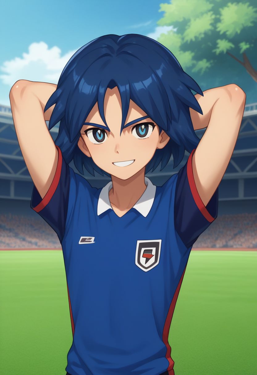 score_9, score_8_up, source_anime, highly detailed, 1boy, solo, male_focus, slender, skinny,
hikaru, solo, soccer uniform, 1boy, male focus, blue hair, sportswear, blue eyes, upper body, hands behind head, smile,
outdoor,