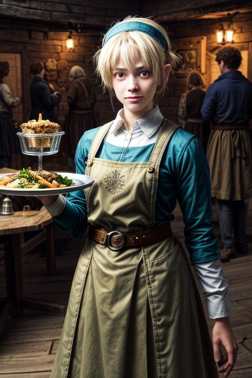 a waitress with an alchemy belt serving food on a tray in a medieval fantasy tavern with a bunch of visitors at tables, different fairy-tale races, magic, alchemy, handicrafts
