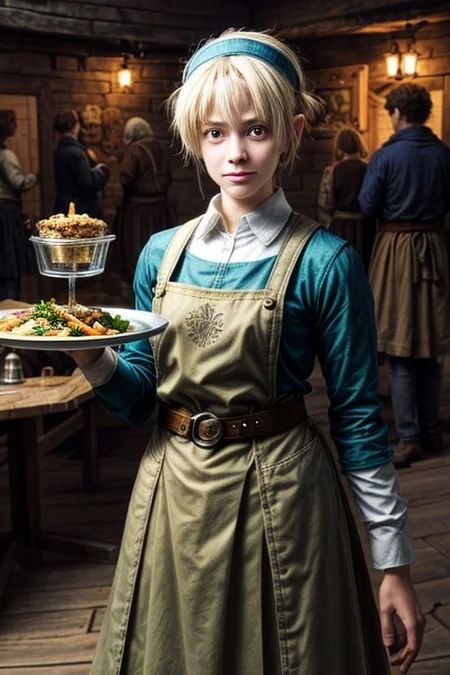 a waitress with an alchemy belt serving food on a tray in a medieval fantasy tavern with a bunch of visitors at tables, different fairy-tale races, magic, alchemy, handicrafts