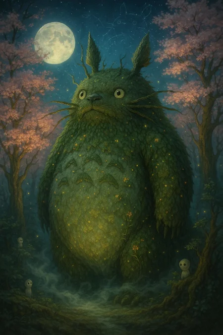 A majestic, ultra-detailed illustration of Totoro reimagined as an ancient forest god, towering among glowing sakura trees in a moonlit grove. His fur is textured like soft moss and bark, speckled with fireflies and tiny blooming flowers. His belly glows faintly like bioluminescent stone, pulsing with the life energy of the forest. Mist curls around his feet and Kodama spirits peek from the foliage. In the sky above, constellations subtly resemble his silhouette. The atmosphere is serene and magical, with a sense of deep age and wisdom. Whimsical, ethereal, painterly realism, Studio Ghibli meets ancient mythology, cinematic lighting, enchanted forest ambience.