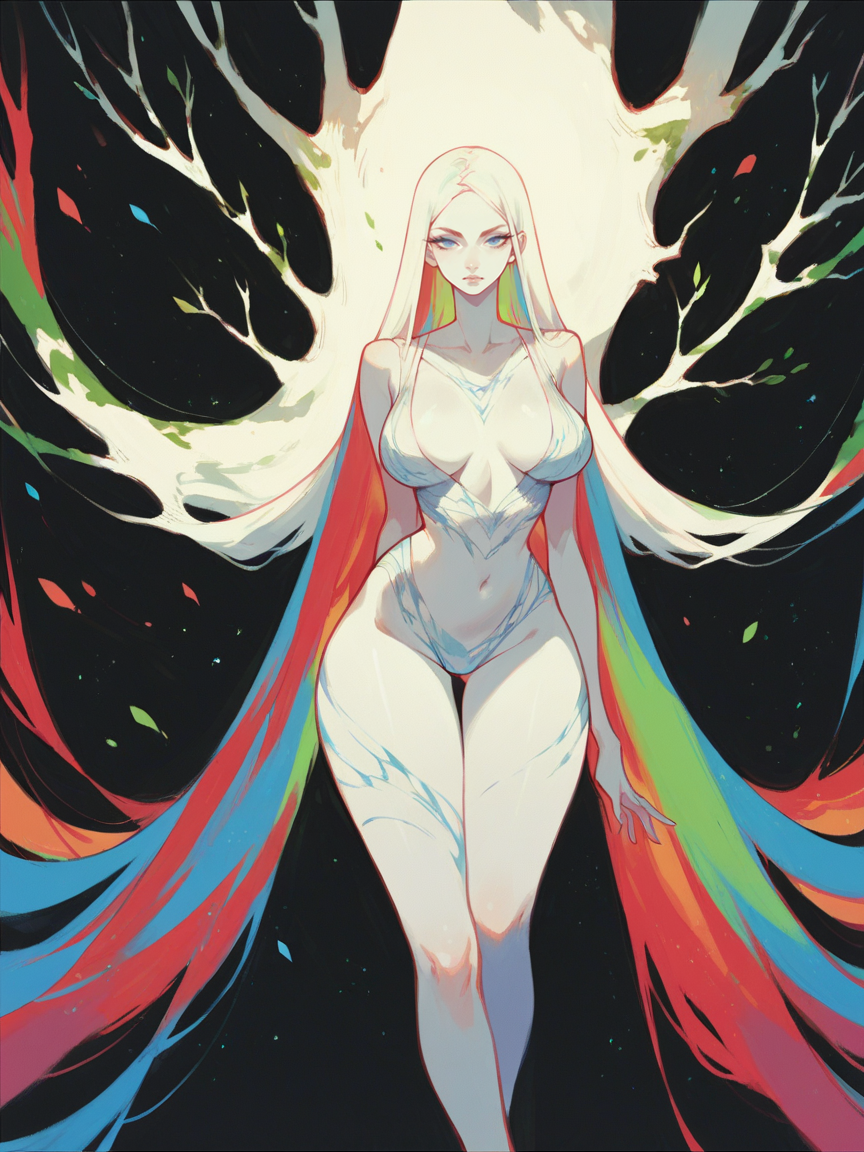 score_9, score_8_up, score_7_up, score_6_up, score_5_up,    <lora:watXLP:0.5> wat, 1girl, solo, black background, blue eyes, very long hair, white skin, looking at viewer, tree, abstract, colorful, curvy,
