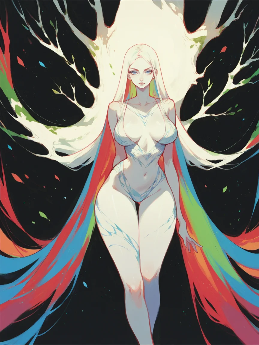 score_9, score_8_up, score_7_up, score_6_up, score_5_up, <lora:watXLP:0.5> wat, 1girl, solo, black background, blue eyes, very long hair, white skin, looking at viewer, tree, abstract, colorful, curvy,