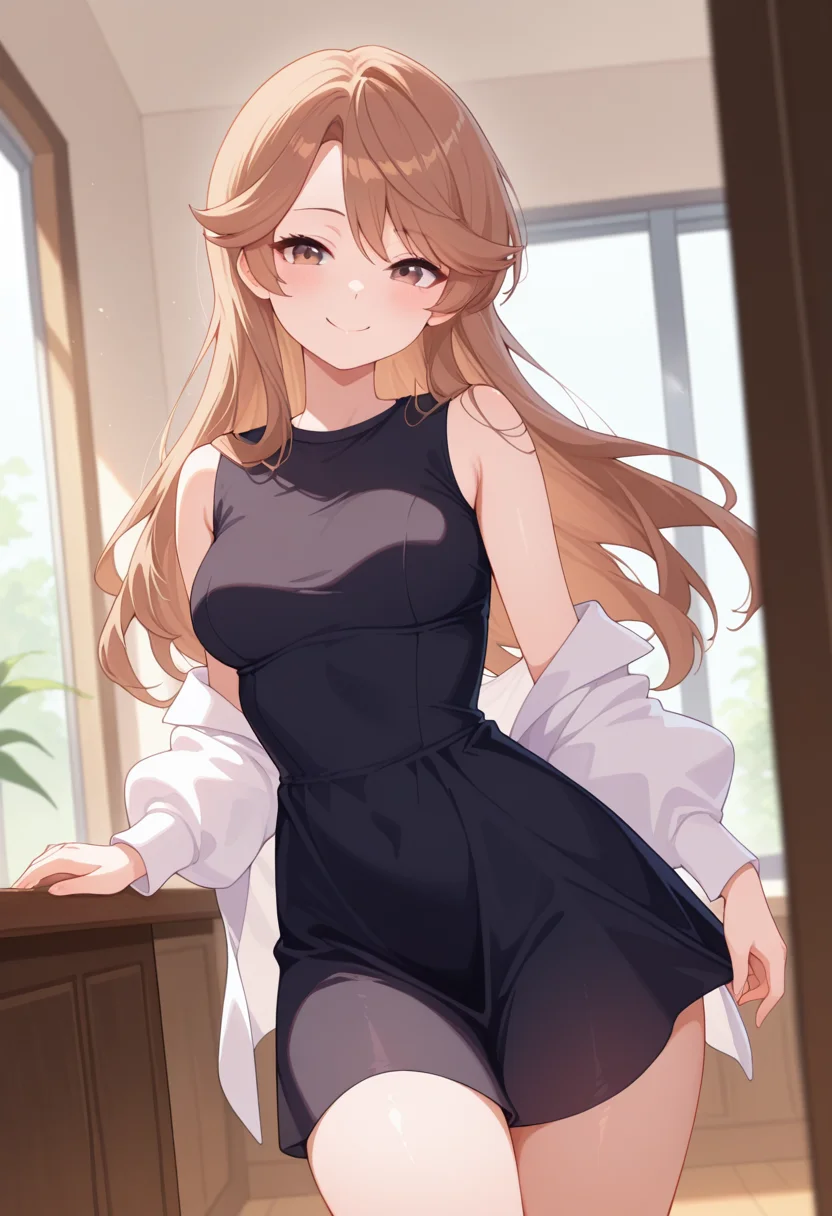 masterpiece, best quality, amazing quality, absurdres, 1girl, solo, cowboy shot, miwaww, brown eyes, brown hair, long hair, asymmetrical bangs, medium breasts, white jacket, long sleeves, black sleeveless dress, bare shoulders, looking at viewer, smile, indoors, day, skindentation, detailed clothing folds, depth of field, sharp, high contrast, dynamic light <lora:Samezu_Miwa_Me_and_the_Alien_MuMu_ill:0.8>