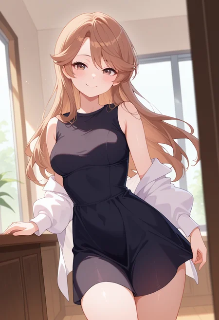 masterpiece, best quality, amazing quality, absurdres, 1girl, solo, cowboy shot, miwaww, brown eyes, brown hair, long hair, asymmetrical bangs, medium breasts, white jacket, long sleeves, black sleeveless dress, bare shoulders, looking at viewer, smile, indoors, day, skindentation, detailed clothing folds, depth of field, sharp, high contrast, dynamic light <lora:Samezu_Miwa_Me_and_the_Alien_MuMu_ill:0.8>