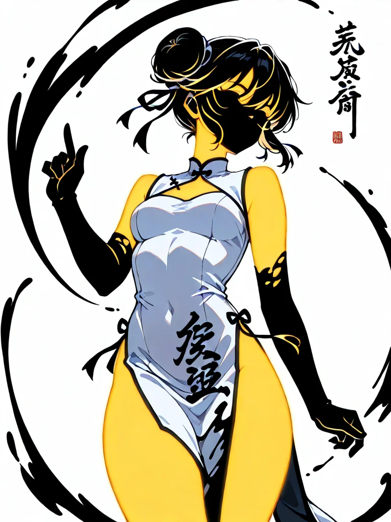 masterpiece,best quality,higres illustration,detailed face,1girl,<lora:henshin_IL:1>,henshin,glowing body,chinese calligraphy,text,white background,black ink,china dress