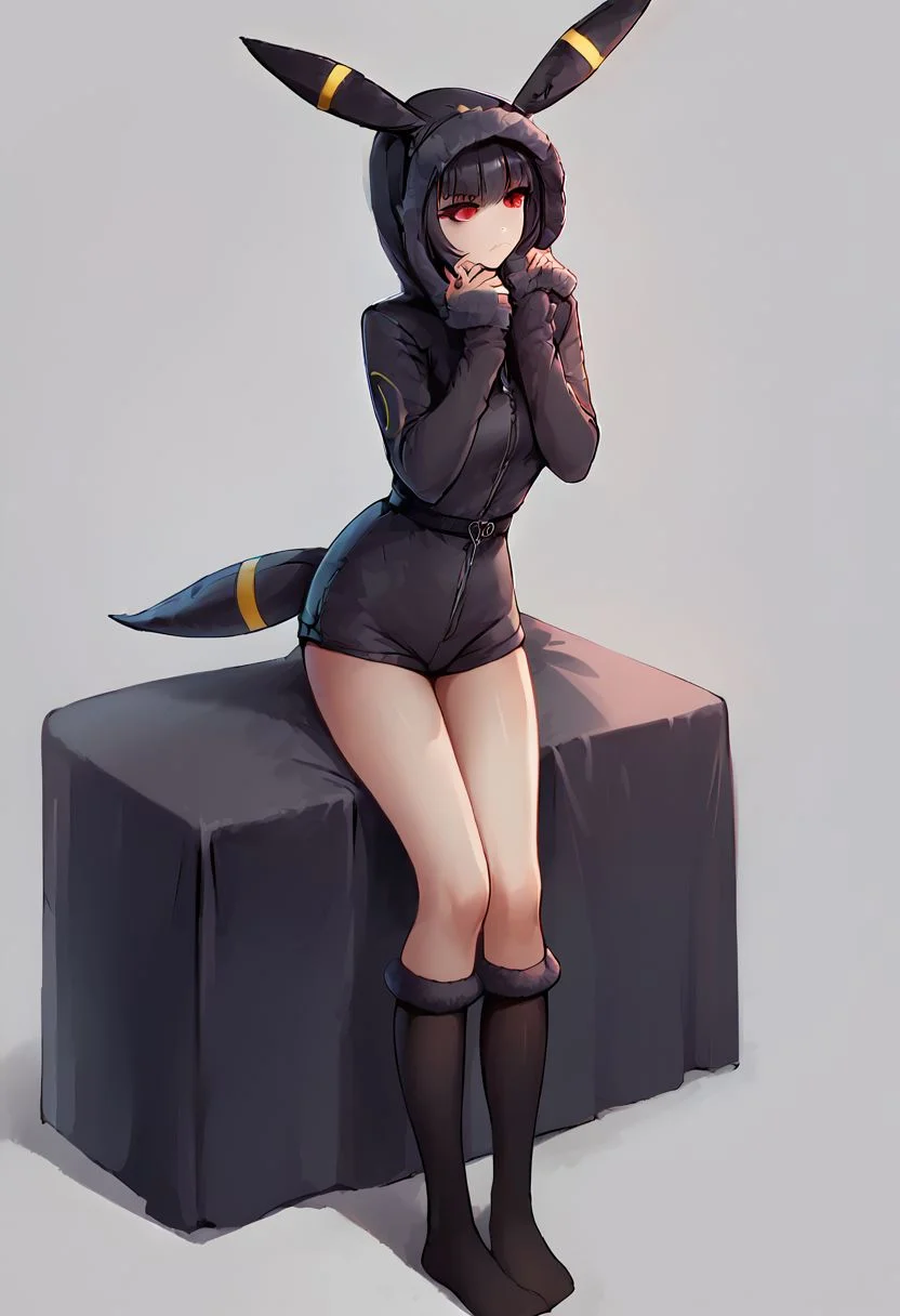 score_9, score_8_up, score_7_up, score_6_up, score_5_up, score_4_up, 1girl,  celestia ludenberg, long hair, bangs, black hair, red eyes, long sleeves, twintails, drill hair, twin drills, curvy, source_anime, ears, hood up, onesie, tail, knee high socks,  umbr30n, <lora:umbr30nXLP:0.6> full body, bedroom background, sitting on bed