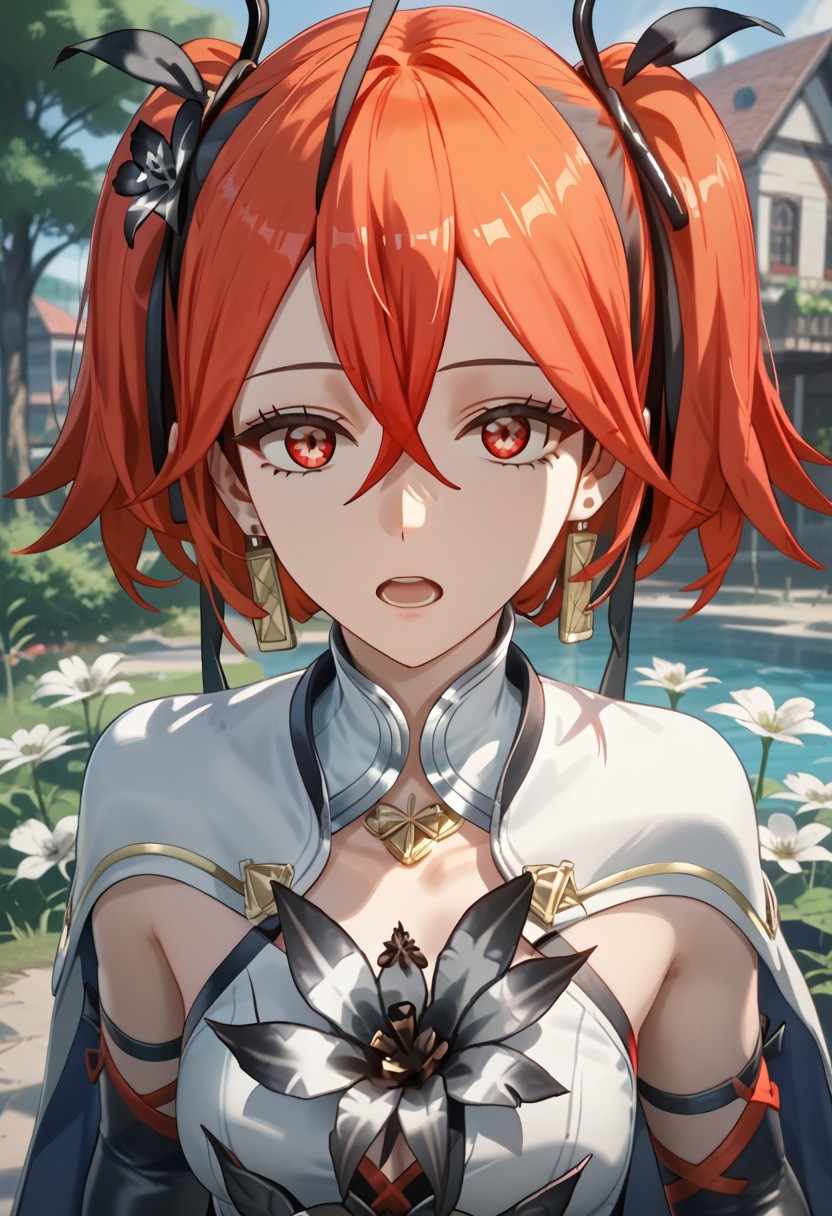 score_9,score_8_up,score_7_up,source_anime,CAMELLYA_(FORTE),1girl,solo,looking at viewer,open mouth,hair ornament,gloves,ribbon,jewelry,upper body,hair ribbon,flower,earrings,elbow gloves,hair flower,black ribbon,capelet,crossed bangs,white capelet,black flower,