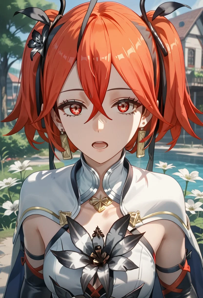 score_9,score_8_up,score_7_up,source_anime,CAMELLYA_(FORTE),1girl,solo,looking at viewer,open mouth,hair ornament,gloves,ribbon,jewelry,upper body,hair ribbon,flower,earrings,elbow gloves,hair flower,black ribbon,capelet,crossed bangs,white capelet,black flower,