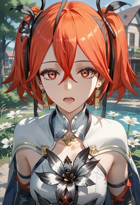 score_9,score_8_up,score_7_up,source_anime,CAMELLYA_(FORTE),1girl,solo,looking at viewer,open mouth,hair ornament,gloves,ribbon,jewelry,upper body,hair ribbon,flower,earrings,elbow gloves,hair flower,black ribbon,capelet,crossed bangs,white capelet,black flower,