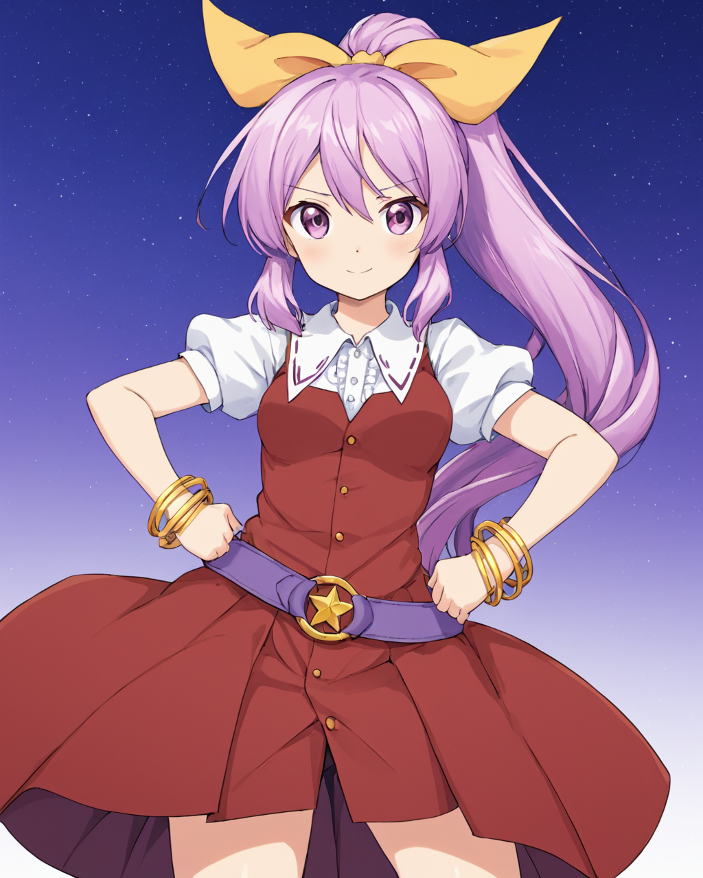 watatsuki no yorihime,1girl, solo, ponytail, traditional_media, belt, red_dress, looking_at_viewer, open_mouth, puffy_short_sleeves, bracelet, smile, hair_bow, hands_on_hips, hair_ribbon, white_shirt
<lora:watatsuki_no_yorihime_image737_2023-12-20:1>,star-shaped_pupils,symbol-shaped_pupils,. gorgeous,key visual, vibrant, studio anime,award-winning, professional, highly detailed,high budget, cinemascope