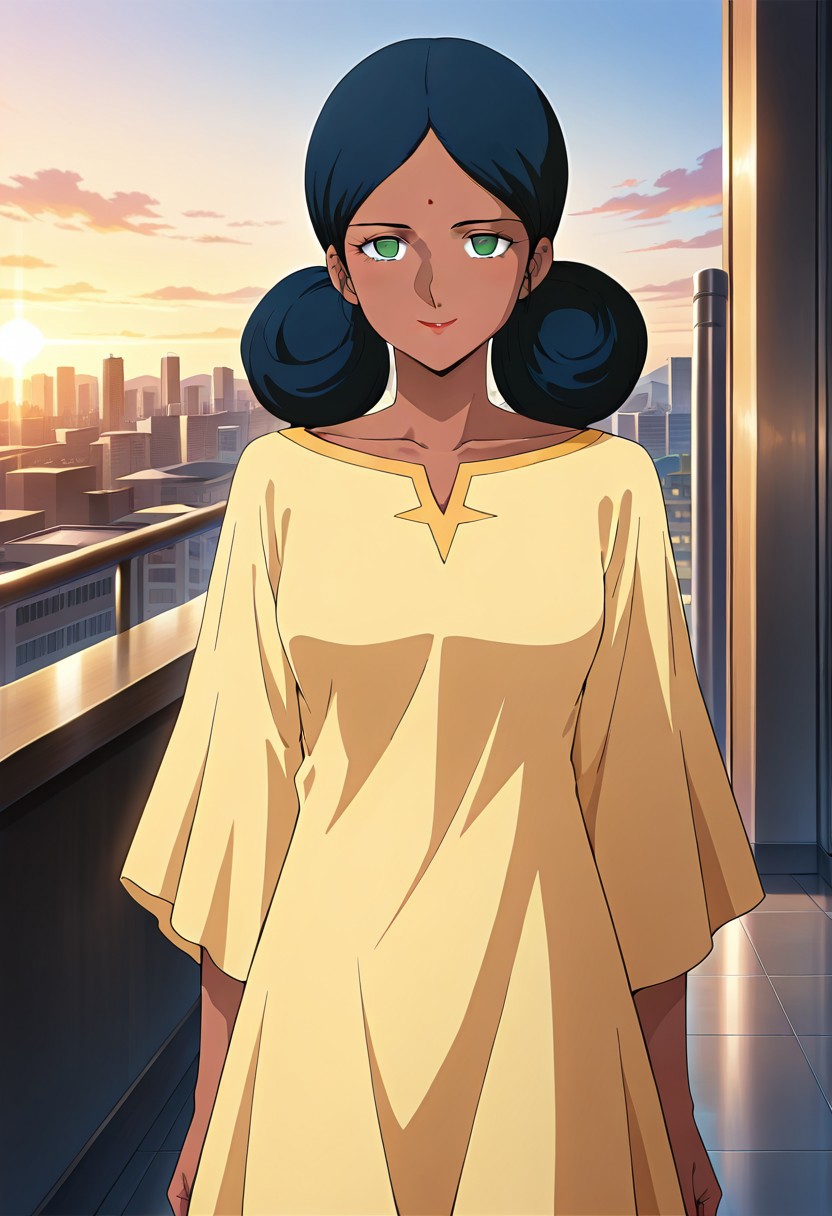 ((masterpiece, absurdres)), best quality, amazing quality, newest, 4k, anime coloring, very aesthetic, ray tracing, Smooth Quality, CG, source_anime,
city view,lalah, 1 female, dark skin, double bun hairstyle, blue hair, green eyes, red lips, forehead mark, yellow long dress,smile