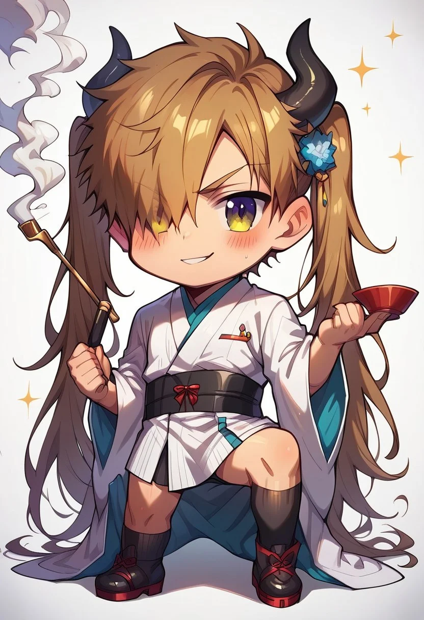 score_9, score_8_up, score_7_up, score_6_up, masterpiece, uncensored, best quality, amazing quality, best aesthetic, absurdres, intricate details, close up, full body, full view, yaoi, gay, source_anime BREAK 1boy, fighting stance, ready to draw, one knee down, holding smoking pipe, solo, male focus, chibi BREAK very long hair, brown hair, hair over one eye BREAK black and white kimono, wide sleeves, horns, tails BREAK white background BREAK look at viewer, shy, blush, confident, arrogant smile, squinting, relaxed eyebrows BREAK ch3b3sq4at