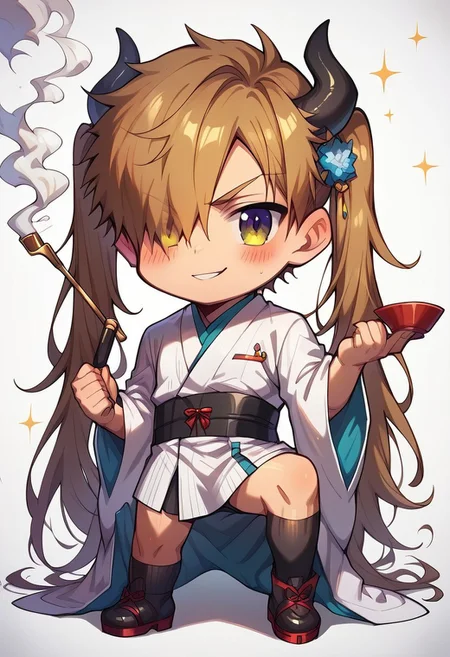 score_9, score_8_up, score_7_up, score_6_up, masterpiece, uncensored, best quality, amazing quality, best aesthetic, absurdres, intricate details, close up, full body, full view, yaoi, gay, source_anime BREAK 1boy, fighting stance, ready to draw, one knee down, holding smoking pipe, solo, male focus, chibi BREAK very long hair, brown hair, hair over one eye BREAK black and white kimono, wide sleeves, horns, tails BREAK white background BREAK look at viewer, shy, blush, confident, arrogant smile, squinting, relaxed eyebrows BREAK ch3b3sq4at