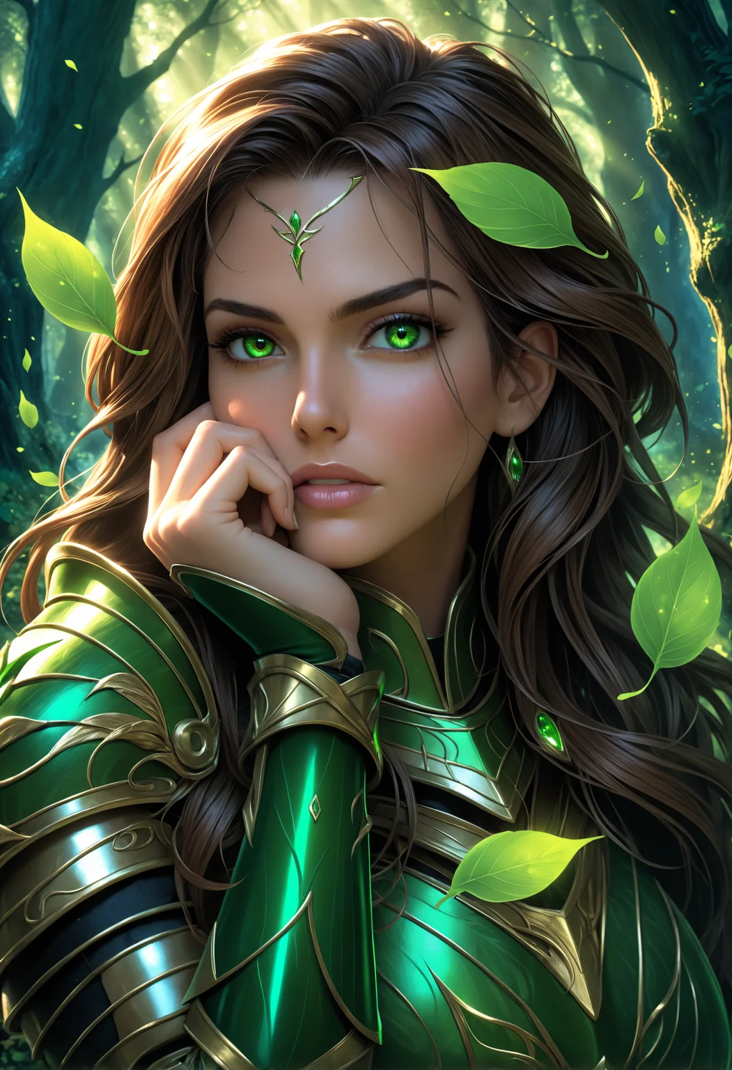photorealistic heroine in a dark enchanted forest, intense gaze, dynamic lighting, wind blowing leaves, high-detail armor, green light,
Close-up with a hand gently resting on the cheek, thoughtful expression