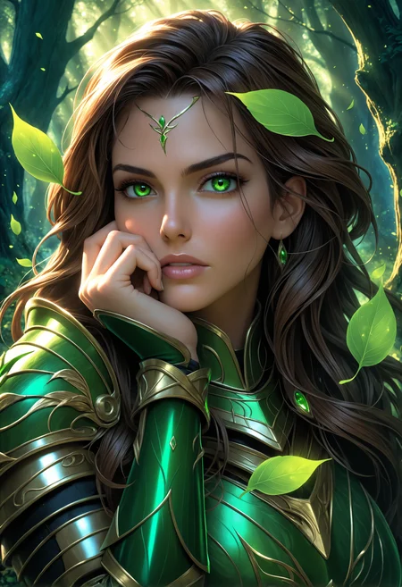 photorealistic heroine in a dark enchanted forest, intense gaze, dynamic lighting, wind blowing leaves, high-detail armor, green light,
Close-up with a hand gently resting on the cheek, thoughtful expression