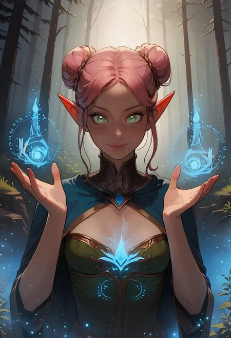 safe_pos, safe_pos, (masterpiece), highest quality, upper body, 1girl, sexy elf sorceress, pink hair, double bun hair, hair tendrils on both sides of face, perfect detailed glowing green eyes, beautiful detailed face, slim, small breasts, tunic, (naughty smile), hands pulsating with blue magic energy, (blue magic effects), (casting spell), dynamic pose, blue magic particles, glowing particles, outdoors, daytime, serene forest, detailed background
