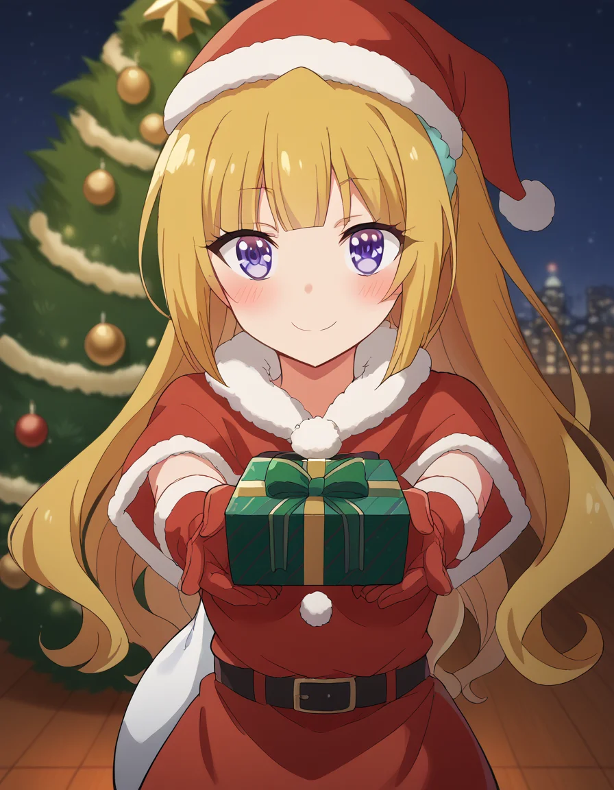 score_9, score_8_up, score_7_up, source_anime, <lora:kei-karuizawa-anime-s2-ponyxl-lora-nochekaiser:1>, kei karuizawa, long hair, bangs, blunt bangs, purple eyes, blonde hair, hair ornament, ponytail, scrunchie, blue scrunchie, medium breasts,, <lora:santa-costume-ponyxl-lora-nochekaiser:1>, santa costume, santa hat, christmas, sack, merry christmas, gift, fur-trimmed headwear, holding sack, santa dress, fur-trimmed dress, christmas tree, christmas tree, fur trim, red capelet, gift box, red gloves, fur-trimmed capelet, santa gloves, red hat, hat,, smile, blush, looking at viewer, <lora:incoming-gift-ponyxl-lora-nochekaiser:1>, incoming gift, outstretched arms, holding, holding gift, gift, gift box,,