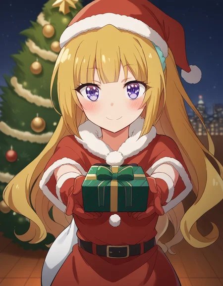 score_9, score_8_up, score_7_up, source_anime, <lora:kei-karuizawa-anime-s2-ponyxl-lora-nochekaiser:1>, kei karuizawa, long hair, bangs, blunt bangs, purple eyes, blonde hair, hair ornament, ponytail, scrunchie, blue scrunchie, medium breasts,, <lora:santa-costume-ponyxl-lora-nochekaiser:1>, santa costume, santa hat, christmas, sack, merry christmas, gift, fur-trimmed headwear, holding sack, santa dress, fur-trimmed dress, christmas tree, christmas tree, fur trim, red capelet, gift box, red gloves, fur-trimmed capelet, santa gloves, red hat, hat,, smile, blush, looking at viewer, <lora:incoming-gift-ponyxl-lora-nochekaiser:1>, incoming gift, outstretched arms, holding, holding gift, gift, gift box,,