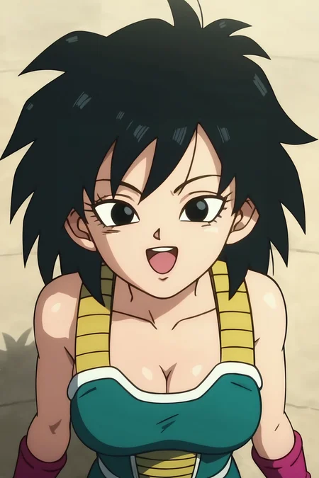 source_anime, score_9, score_8_up, score_7_up, anime screencap, absurd res, official style,
gine, 1girl, solo, breasts, looking at viewer, smile, short hair, open mouth, black hair, cleavage, bare shoulders, medium breasts, collarbone, from above, upper body, :d, teeth, green saiyan armor, black eyes, eyelashes, happy, spiked hair, pink wristband, arms at sides, monkey tail, saiyan armor, white trim, green skirt, rock
 <lora:gine_pony_v4:0.7>