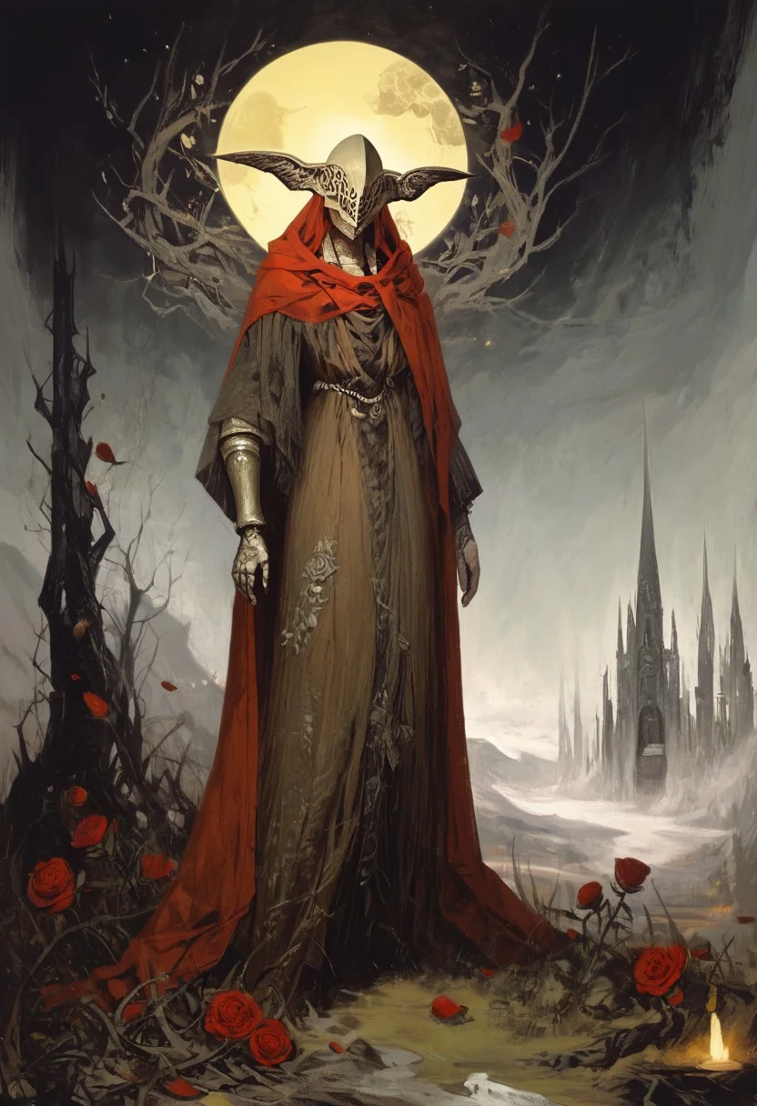 ((score_9, score_8_up, score_7_up)), (((character design, sci-fi warrior women, feminine power, perfect anatomy))),
An enigmatic figure of Malenia (Elden Ring), MaleniaDef, red hair, covered eyes, helmet with small metal wings facing forward, fur trim, brown dress, red cape, armor, single scar on arm, single mechanical arm, mechanical leg, long legs, holding very long curved golden sword. slender figure, pose, ritual inside a dark cathedral during night under a red eclipse, gigantic bright yellow glowing tree reaching far into the sky in the distance., tiny waist,, looking at viewer, in the style of a vintage, high-contrast setting. Emphasize theatrical elements with extreme opposition of bright colors against dark, moody backgrounds, roses surrounding her
, <lora:add-detail-xl:2>