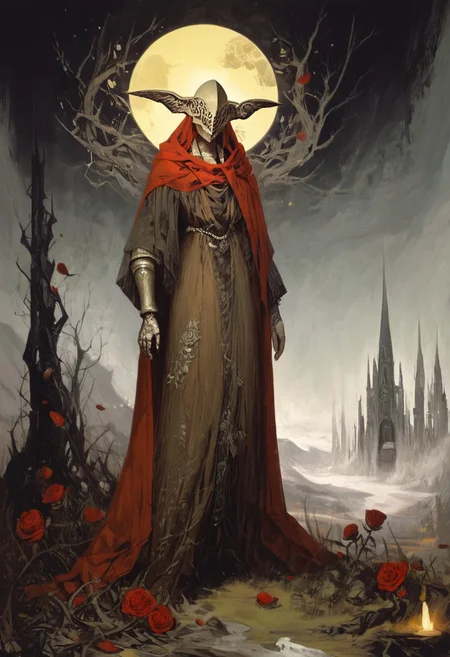((score_9, score_8_up, score_7_up)), (((character design, sci-fi warrior women, feminine power, perfect anatomy))),
An enigmatic figure of Malenia (Elden Ring), MaleniaDef, red hair, covered eyes, helmet with small metal wings facing forward, fur trim, brown dress, red cape, armor, single scar on arm, single mechanical arm, mechanical leg, long legs, holding very long curved golden sword. slender figure, pose, ritual inside a dark cathedral during night under a red eclipse, gigantic bright yellow glowing tree reaching far into the sky in the distance., tiny waist,, looking at viewer, in the style of a vintage, high-contrast setting. Emphasize theatrical elements with extreme opposition of bright colors against dark, moody backgrounds, roses surrounding her
, <lora:add-detail-xl:2>