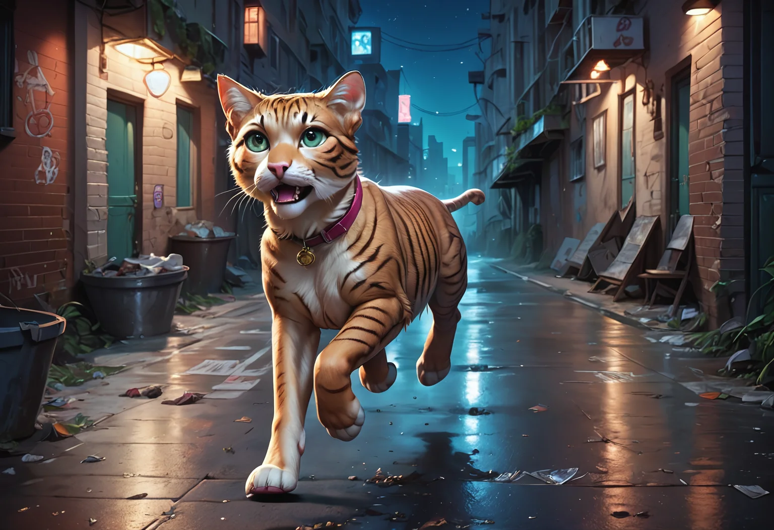 score_9, score_8_up, score_7_up, score_6_up, solo, animal, cat, running, city, alley, night, realistic, photograph, detailed, dynamic