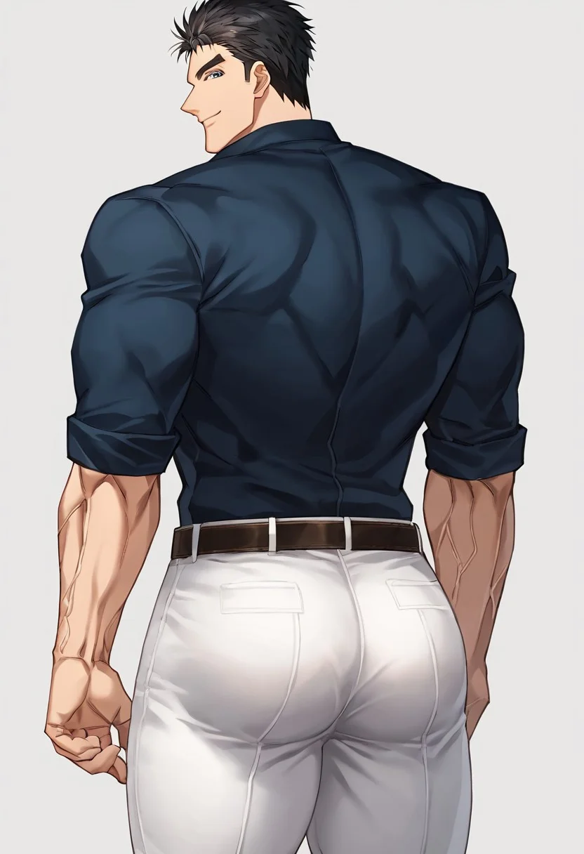 Artist6p, Artist04p, solo, looking at viewer, smile, short hair, simple background, shirt, black hair, 1boy, white background, ass, thighs, collared shirt, belt, looking back, pants, from behind, v, muscular, thick thighs, blue shirt, muscular male, bara, sleeves rolled up, veins, sideburns, white pants, ass focus, tight, tight pants, leather belt, male focus, style