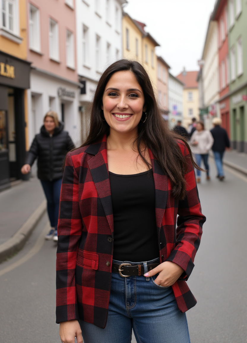 SFW, brightly lit, The image is a portrait of a woman standing on a busy street in a European city. She is wearing a red and black plaid blazer over a black top and blue jeans. She has long e hair and is smiling at the camera. The street is lined with buildings on both sides and there are people walking on the sidewalk. The sky is overcast and the overall mood of the image is happy and relaxed., aidmaimageupgrader<lora:flux\custom\celebrity\rikki-lake.safetensors:1.05:1.05> <lora:flux\turbo-8-step-flux.safetensors:0.5:0.5> <lora:flux\style\Common\aidmaImageUprader-FLUX-v0.3.safetensors:0.25:0.25>