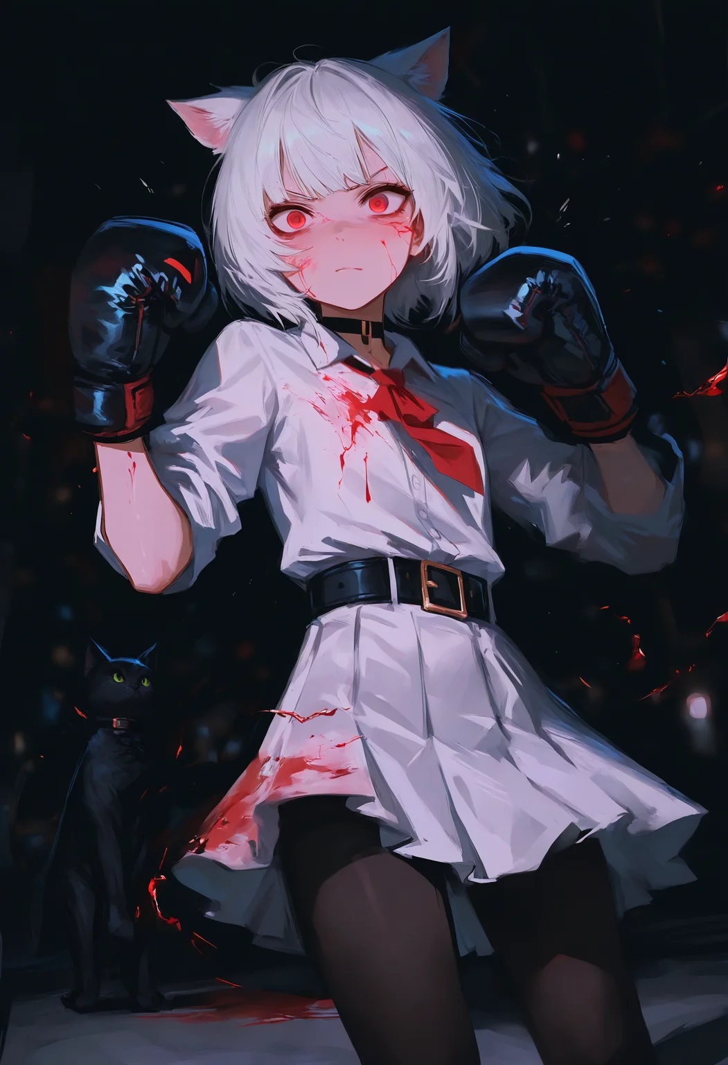 masterpiece, best quality, amazing quality, very aesthetic, absurdres, newest,1girl, stands in a fighting position, boxing, beaten face, disheveled, (young:1.2) girl (white hair, bangs, black cat ears, red eyes, black gloves), (dressed in a white shirt is stained with blood, red tie, white skirt with a black belt, black choker, black tights), dark background, urban, night, neon, moonlight, contour light, dynamic scene, detailed, masterpiece, wide angle, damaged face, BREAK <lora:ponyv4_noob1_2_adamW-000017:0.7000000000000001> <lora:USNR_STYLE_XL_lokr:0.45>