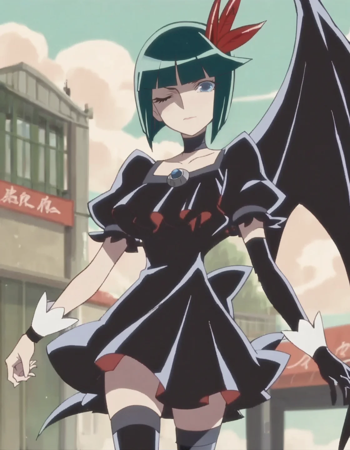 score_9, score_8_up, score_7_up, 1girl, solo, anime screencap, thighhighs, wings,single wing, blue eyes, green hair, short hair, gloves, bob cut, elbow gloves, black choker, dress, one eye closed, hair ornament, zettai ryouiki, bow, wrist cuffs <lora:darkprecure:0.8>