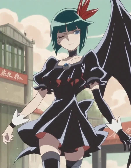 score_9, score_8_up, score_7_up, 1girl, solo, anime screencap, thighhighs, wings,single wing, blue eyes, green hair, short hair, gloves, bob cut, elbow gloves, black choker, dress, one eye closed, hair ornament, zettai ryouiki, bow, wrist cuffs <lora:darkprecure:0.8>