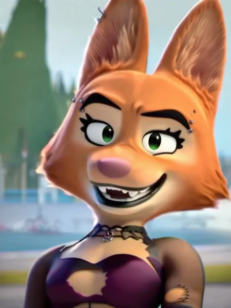 <lora:Diana:0.7> di_na, 1girl, fox, ginger fur, emerald eyes, pale-apricot patches around eyes, black lipstick, sharp black eyebrows, silver piercings on eyebrow, dusty-pink nose, black eyelashes,
goth outfit, ((torn revealing clothes)), goth makeup, score_9, score_8_up, score_7_up,