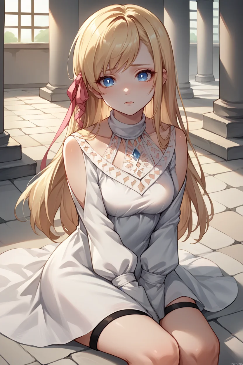 score_9, score_8_up, score_7_up, score_6_up, source_anime, BREAK 1girl <lora:ryne-pdxl-nvwls-v1:1> ryne, blonde hair, blue eyes, hair ribbon, white dress, looking at you, sitting, marble floor, temple, sad