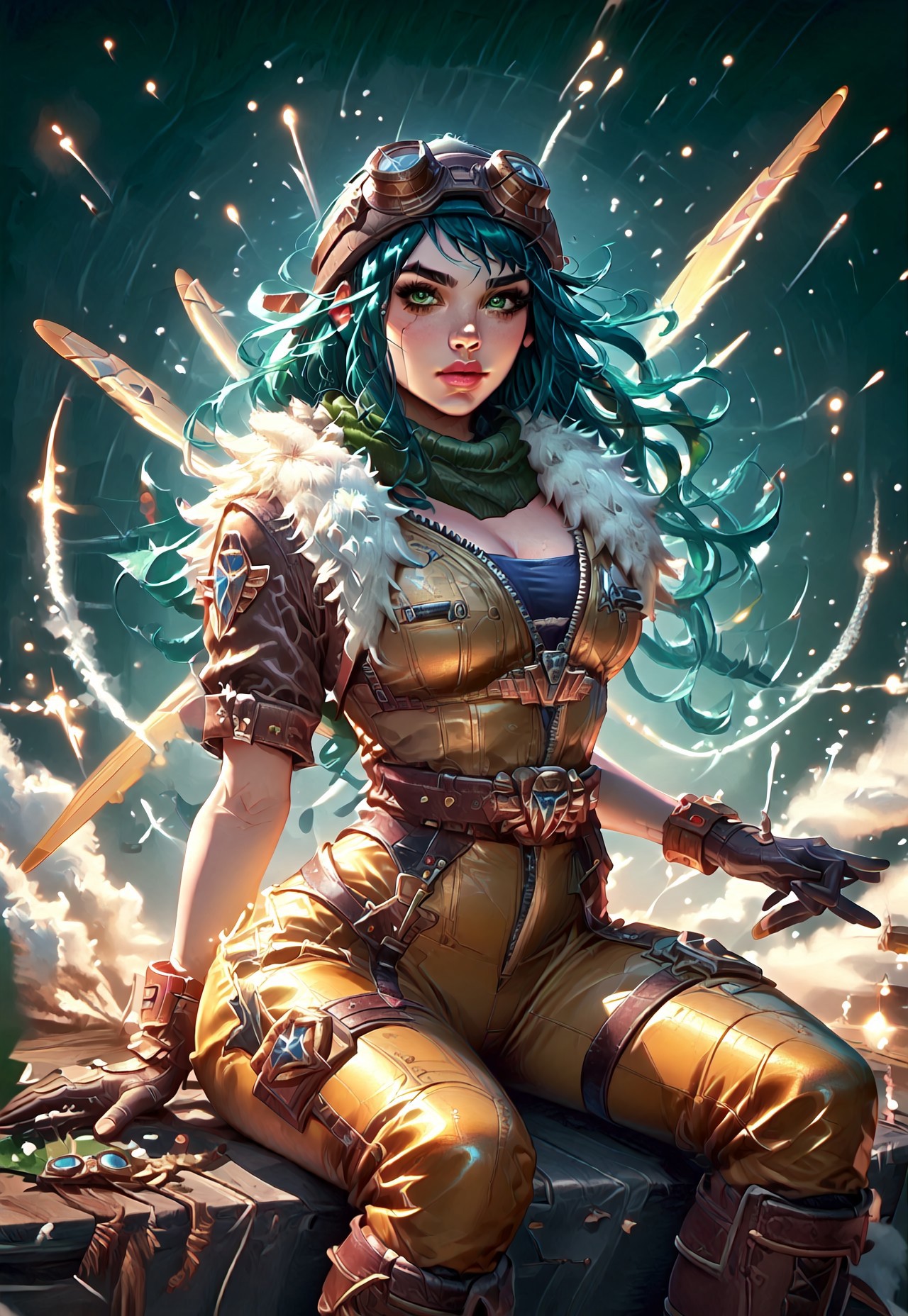 ((zPDXL3)), ((masterpiece,best quality, highly detailed)), ((score_9)), score_8_up, score_7_up, score_6_up, score_5_up, score_4_up, Digital painting style, brushstrokes, ((EnhanceImage)), solo, 1girl, IreliaARLoLXL, pink lips, green eyes, aqua hair, long hair, bangs, goggles on head, large breasts, green scarf, cleavage, brown jacket, fur trim, short sleeves, yellow bodysuit, blue bodysuit, black gloves, belt, brown boots, ((IreliaARLoLXL sitting on Ww2plane)), Fighter, Ww2plane, 
Expressiveh, 30yo, adult lustful confident woman, petite, slender body, perky saggy natural breasts, full lips, bangs, sidelocks, straps,
chinese magical sorceress, animated, swirling magic, wisps of magic, tight squeezed outfit, magical accessories, evoking motion, conveying motion, dynamic splash art, 
<lora:PainterlyFantasiaPDXL:0.6>,