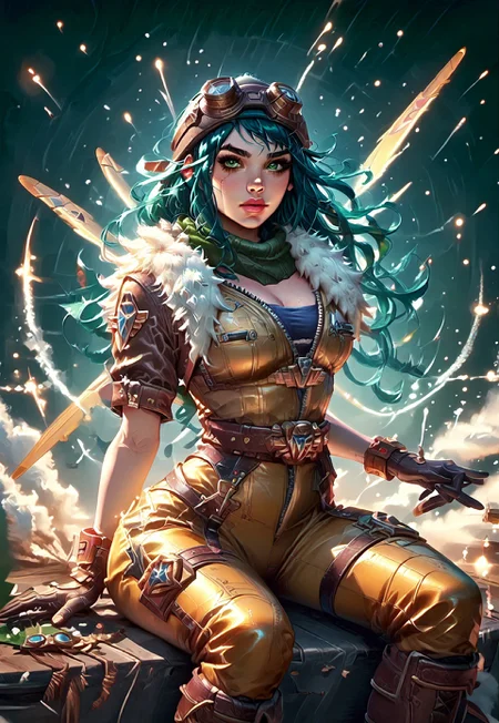((zPDXL3)), ((masterpiece,best quality, highly detailed)), ((score_9)), score_8_up, score_7_up, score_6_up, score_5_up, score_4_up, Digital painting style, brushstrokes, ((EnhanceImage)), solo, 1girl, IreliaARLoLXL, pink lips, green eyes, aqua hair, long hair, bangs, goggles on head, large breasts, green scarf, cleavage, brown jacket, fur trim, short sleeves, yellow bodysuit, blue bodysuit, black gloves, belt, brown boots, ((IreliaARLoLXL sitting on Ww2plane)), Fighter, Ww2plane,
Expressiveh, 30yo, adult lustful confident woman, petite, slender body, perky saggy natural breasts, full lips, bangs, sidelocks, straps,
chinese magical sorceress, animated, swirling magic, wisps of magic, tight squeezed outfit, magical accessories, evoking motion, conveying motion, dynamic splash art,
<lora:PainterlyFantasiaPDXL:0.6>,