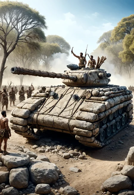 dvr-stnd, men armed with giant twigs surround a tank <lora:dvr-stnd:1>