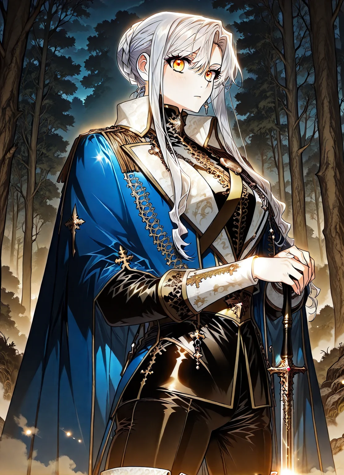 <lora:Sigrid__Sigrid__Illustrious v2:1>
Sigrid, 1girl, solo, masterpiece, best quality, beautiful female knight, long braided white hair, golden eyes, slim athletic body,
sigrid_royal_ceremonial_uniform, wearing a black and white royal ceremonial uniform with gold decorations, royal blue cape with golden embroidery, white thigh-high boots, ornate silver brooch, black pants
masterpiece, best quality,high quality, newest, highres,8K,HDR,absurdres, score_9, score_8_up, score_7_up, very aesthetic, source_anime, detailed, high quality, beautiful, masterpiece, detailed eyes, hands on hilt, looking at viewer, cowboy shot, legs apart, outdoors, night, golden theme, fog, forest <lora:iLLMythG0thicL1nes:1> , <lora:Eyes_High_Definition:1>