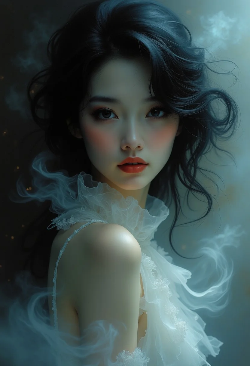 3th33r34l portrait of an oriental female ghost, wispy, ethereal, glancing at viewer, chiascuro, silhouetted, closeup of face