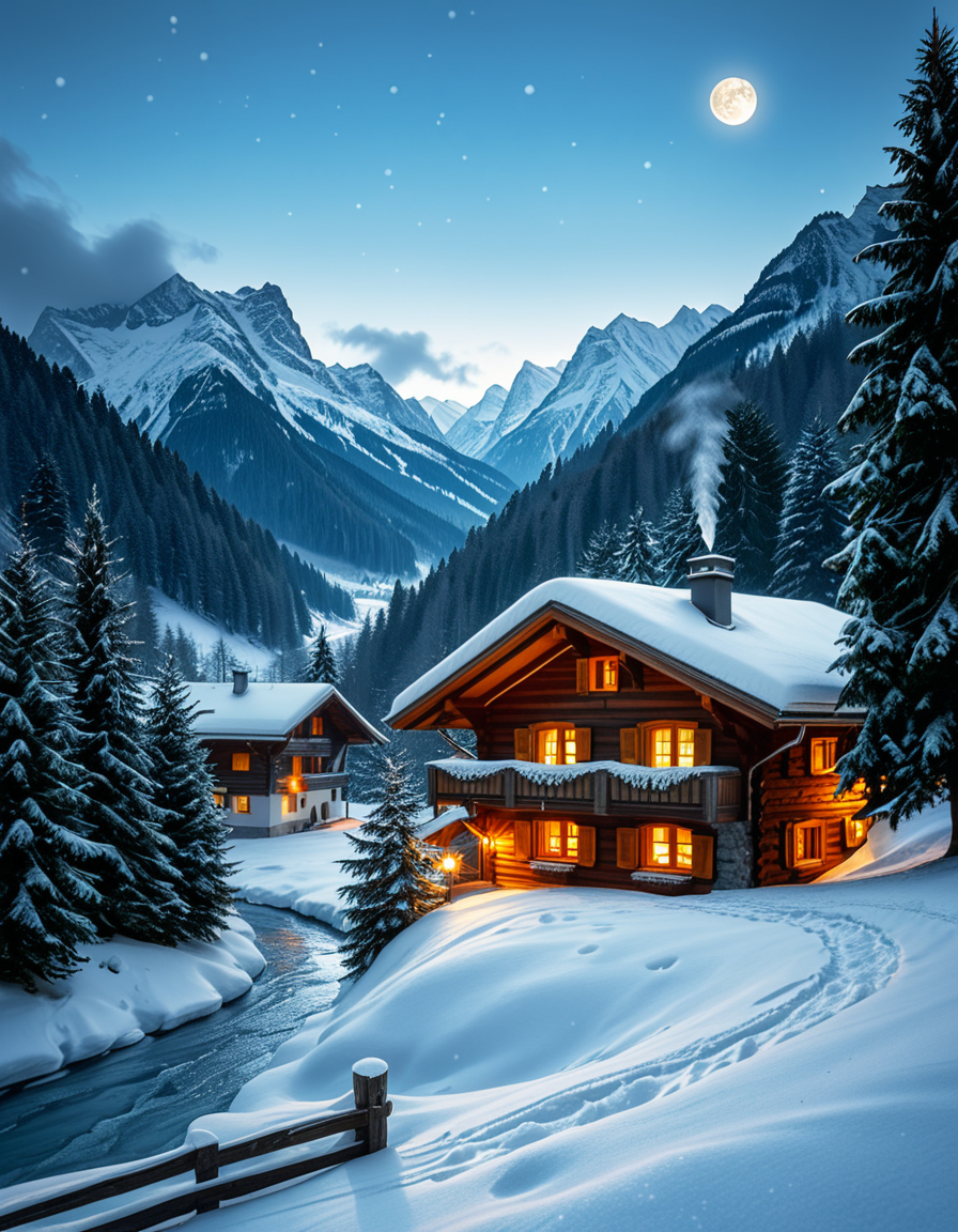 A stunning winter scene in the Tyrol region of Austria. A charming wooden chalet with traditional alpine architecture stands on a gentle snow-covered slope, surrounded by dense evergreen forests blanketed in fresh snow. The chaletâs warm interior lights glow softly through its large windows, creating a cozy contrast against the cool twilight hues of the sky. A plume of smoke drifts from the chimney, hinting at a roaring fireplace inside. In the foreground, a small wooden fence is partially buried under the snow, while a frozen river winds through the valley, reflecting the moonlight. Towering, snow-capped peaks of the Austrian Alps dominate the background, adding a breathtaking sense of grandeur. Snowflakes gently fall, adding movement and depth to the peaceful, picturesque scene. The image is hyper-realistic, capturing the intricate textures of the wood, snow, and ice, with cinematic lighting that highlights the magical winter ambiance.
<lora:SDXLFaeTastic2400:0.4> <lora:extremely_detailed:0.4> extremely detailed,<lora:winter_scene_in_the_Tyr0l:1>,winter scene in the Tyr0l, Masterpiece,best quality,hi res,8k,hi res,8k,award winning,(sharp focus, intricate, highly detailed),