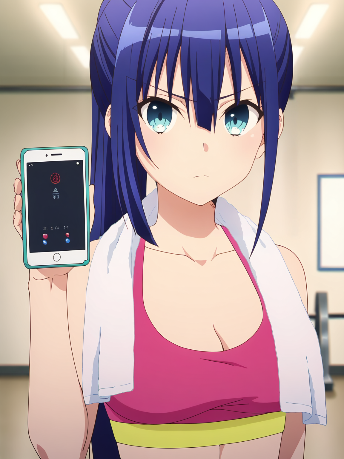 <lora:Ayano_Yugiri_Character:0.8>ayano_yugiri, 1girl, solo, blue eyes, blue hair, very long hair, ponytail, pink sports bra, towel around neck, serious, frowning, angry, close mouth, holding smartphone, one hand up, upper body, front view, looking at viewer, gym interior, training equipment, neutral wall, soft lighting, neutral tone