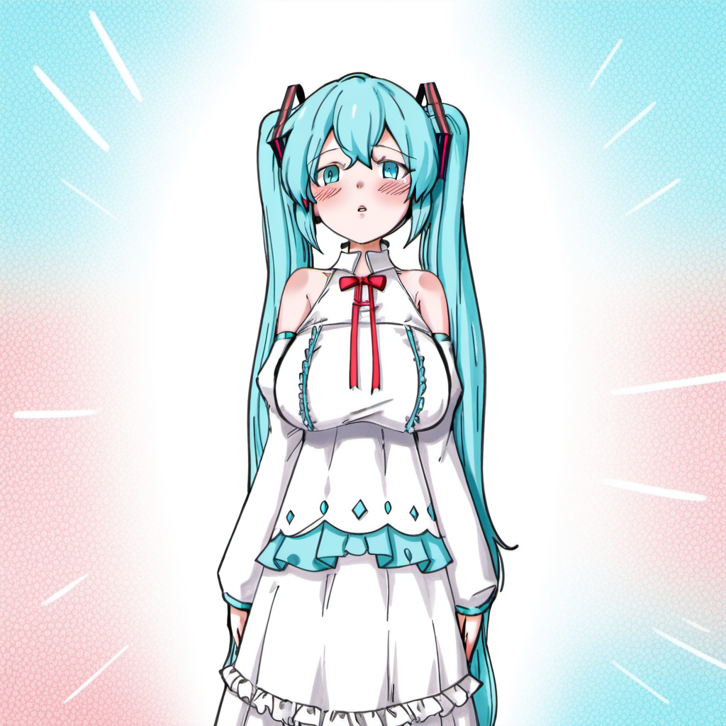 1girl, hatsune miku, huge breast, :o, aqua eyes, aqua hair, arm support, bare shoulders, blush, breasts, colorful festival (project sekai), cowboy shot, crown, detached sleeves, dot nose, dress, frilled skirt, frills, hair ribbon, layered skirt, long hair, long sleeves, looking at viewer, parted lips, puffy sleeves, red ribbon, ribbon, skirt, solo, striped, striped ribbon, twintails, white dress, white ribbon,