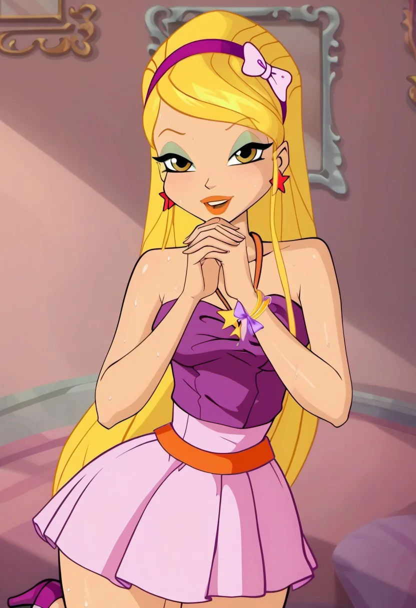 score_9, score_8_up, score_7_up, realistic, realism, HD, perfect quality, 16k, very detailed, realistic lighting, photo, photorealistic, realistic detailed face, BREAK, (((good_hands))), (((perfect eyes, bedroom eyes, (light smile:0.5)))), BREAK, solo, 1girl, (((Winx Club Season 5, Stella, blonde hair, long hair, yellow eyes, blonde hair, orange lips, mint eyeshadow, ))), ((sweaty skin:1.2)), sensual eyes, looking at viewer, nervous, seductive, medium body size, slightly small neck, plumb body, voluptuous hips and thighs, curvy body size, (((medium breasts, wide hips, microwaist, big ass))), nooganugnugs, perfect thighs, perfect legs, anatomically correct, (obese female:-1.0), (plump saggy breasts:0.5), BREAK, 1girl, blonde hair, long hair, dress, hairband, jewelry, high heels, closed eyes, earrings, purple footwear, smile, solo, makeup, very long hair, bracelet, bow, lipstick, open mouth, own hands together