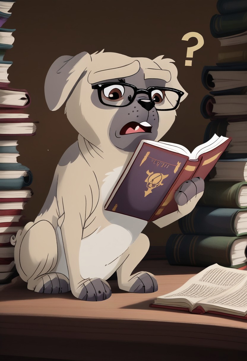 Monroe, pug, solo:1, feral, glasses, Expressiveh, confused expression, slightly open mouth, looking down, 
BREAK
Sitting, holding book, reading a large book, flipping a page,
BREAK
Extreme detail, Photographic, realism, realistic fur, realistic lighting, realistic texture,