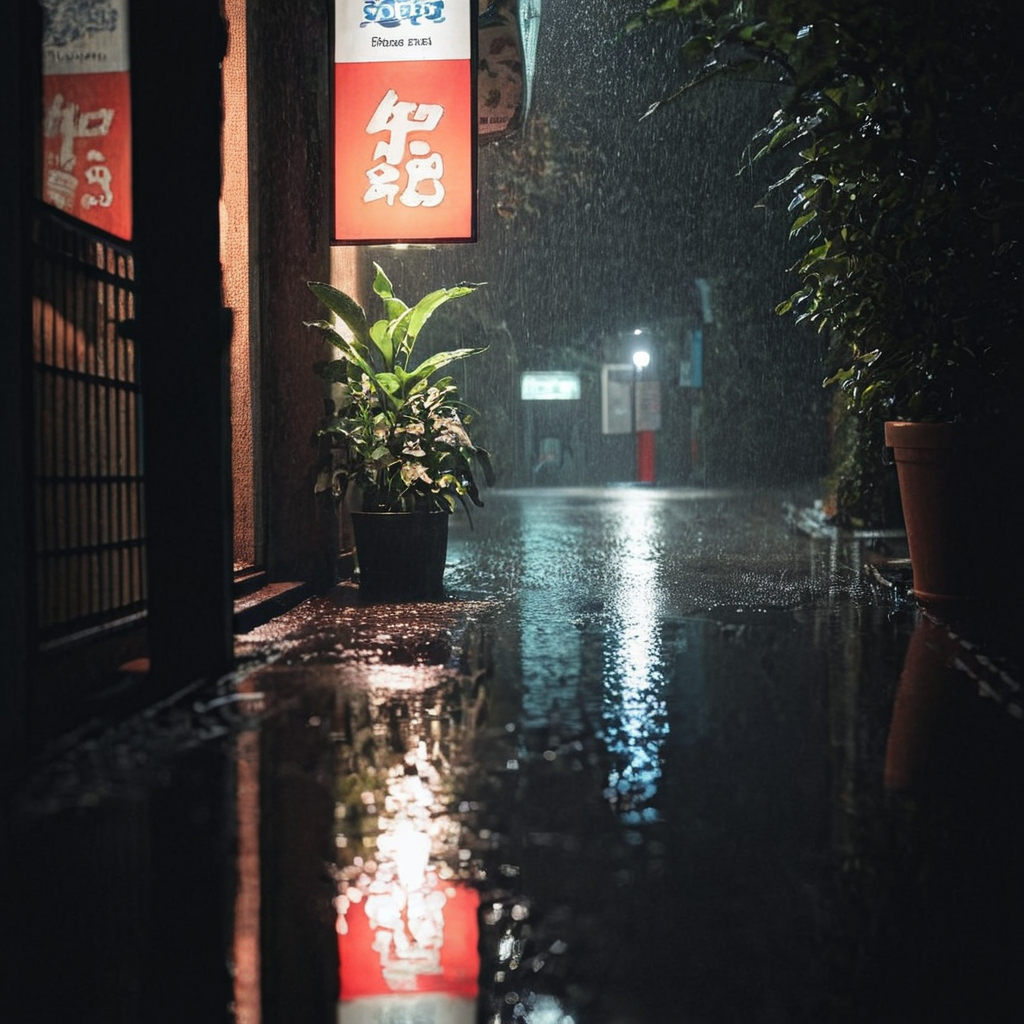 radiant darkness, scenery, sign, night, outdoors, no humans, building, reflection, dark, water, rain, light, puddle, road, street, potted plant, <lora:Radiant_Darkness:1>